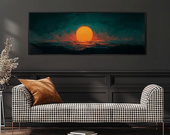Moody Abstract Sunset Painting, Long Panoramic Framed Canvas Art, Dark Ocean Seascape Wall Decor for Living Room, Horizontal Canvas Print