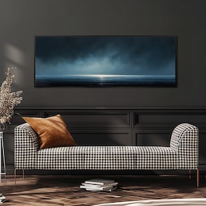 Moody Dark Seascape Painting, Long Horizontal Panoramic Framed Canvas, Minimalist Ocean Moonlight Art, Horizontal Wall Art, Blue Ocean Print