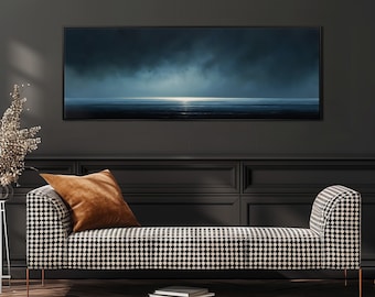Moody Dark Seascape Painting, Long Horizontal Panoramic Framed Canvas, Minimalist Ocean Moonlight Art, Horizontal Wall Art, Blue Ocean Print
