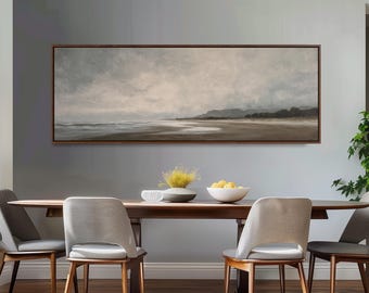 Moody Coastal Canvas Print, Long Narrow Wall Art, Wide Panoramic Framed Decor, Large Oversized Beach Art, Neutral Minimalist Seascape
