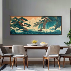 Japanese Waterfall Canvas Print, Ukiyo-e Panoramic Wall Art, Wide Hokusai Waves, Large Framed Art, Japandi Decor, Long Narrow Seascape