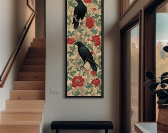 Lienzo de cuervo alto y estrecho, impresión vertical de pájaro, decoración gótica vintage, cuadro de cuervo Art Nouveau, regalo estilo William Morris