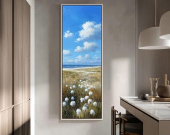 Coastal Cotton Field Painting, Vertical Beach Landscape Canvas, Tall Narrow Ocean View, Serene Blue Sky Decor, Rustic Nature Wall Art Print