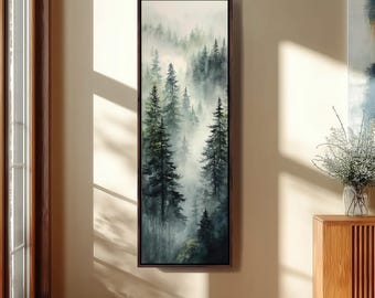 Misty Pine Forest Framed Art, Vertical Foggy Landscape Canvas, Tall Narrow Tree Art, Long Skinny Nature Print, Moody Green Bedroom Decor