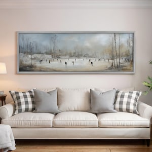 Vintage Hockey Leinwanddruck, Teich Hockey Gemälde, Breite Panorama Wandkunst, Große Winterlandschaft, Nostalgischer Sport Dekor, gerahmtes Kunstwerk