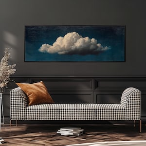 Vintage Cloud Wall Art Canvas Framed, Horizontal Wall Art, Wide Panoramic Wall Art for Bedroom, Midnight Blue Print, Mid Century Modern Art