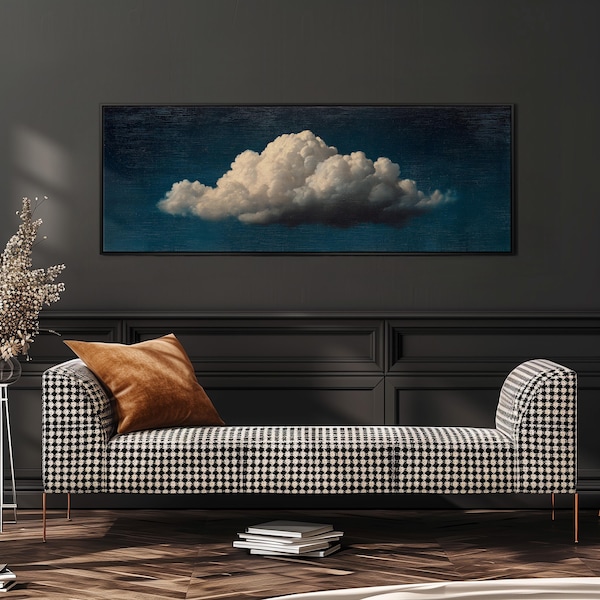 Vintage Cloud Wall Art Canvas Framed, Horizontal Wall Art, Wide Panoramic Wall Art for Bedroom, Midnight Blue Print, Mid Century Modern Art