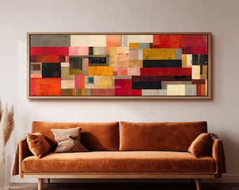 Mid Century Modern Canvas, Long Horizontal Wall Art, Wide Panoramic Print, Large Oversized Geometric Mosaic, Retro Decor, Living Room Art
