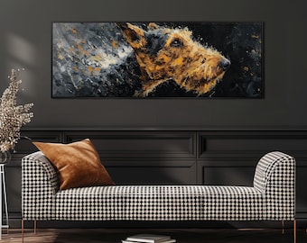Airedale Terrier Painting, Long Narrow Wall Art, Wide Panoramic Canvas, Large Oversized Abstract Dog Print, Moody Pet Decor, Office Artwork