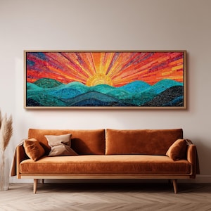 Colorful Mosaic Sunset Painting, Long Panoramic Framed Canvas Art, Modern Bedroom Abstract Tile Landscape, Boho Wall Decor for Living Room