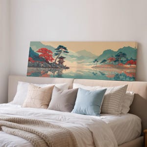 Arte panorámico de pagoda japonesa, decoración de pared de lago sereno, impresión ukiyo-e ancha, lienzo enmarcado grande, paisaje de montaña Japandi, arte largo y estrecho