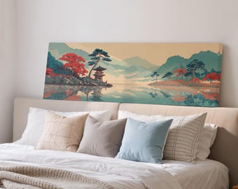 Japanese Pagoda Panoramic Art, Serene Lake Wall Decor, Wide Ukiyo-e Print, Large Framed Canvas, Japandi Mountain Scenery, Long Narrow Art