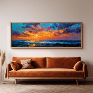 Abstract Ocean Sunset, Textured Impasto Painting, Long Horizontal Framed Canvas, Large Colorful Seascape, Wide Narrow Art, Above Sofa Decor