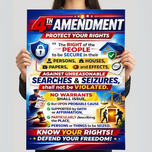 May include: A poster with the text "4th Amendment Protect Your Rights" in red, white, and blue. The poster details the right to be secure in persons, houses, papers, and effects against unreasonable searches and seizures. It also includes information about warrants.
