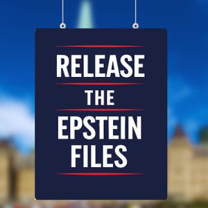 May include: A navy blue sign with the text "RELEASE THE EPSTEIN FILES" in white, with red horizontal lines. The sign is hanging against a blurred background of a blue sky and buildings.
