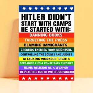 May include: A poster with a white background and text that reads "HITLER DIDN'T START WITH CAMPS HE STARTED WITH:" followed by a list of actions in rainbow-colored blocks. The top and bottom borders are blue and red with white stars.