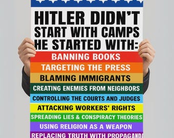 以下が含まれることがあります： 「HITLER DIDN'T START WITH CAMPS HE STARTED WITH:」のテキストと、虹色のブロックで表示された行動のリストが書かれたポスター。 上部と下部の境界線は、白い星が付いた青色です。