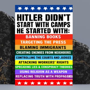 May include: A poster with a blue top and bottom border with white stars. The poster has the text "HITLER DIDN'T START WITH CAMPS HE STARTED WITH:" followed by a list of actions in rainbow-colored blocks.