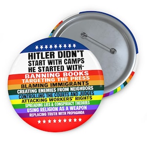 May include: A circular badge with a silver back and pin. The front displays white text on a rainbow-striped background. The text reads: "HITLER DIDN'T START WITH CAMPS HE STARTED WITH-" followed by a list of actions. Stars are at the top and bottom.
