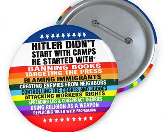 May include: A round button with a silver back and pin. The front features text in white on a rainbow-colored background. The text reads: "HITLER DIDN'T START WITH CAMPS HE STARTED WITH-" followed by a list of actions. Stars are at the top and bottom.