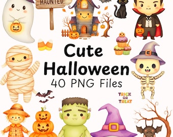 Kawaii Halloween Clipart Bundle | Watercolor Ghost, Pumpkin (40 PNG Designs)