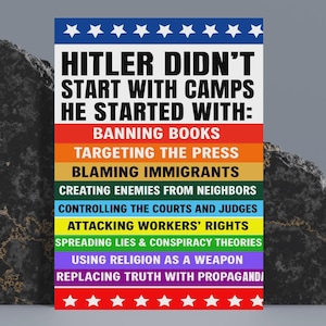 Puede incluir: Un p&oacute;ster con el texto "HITLER DIDN'T START WITH CAMPS HE STARTED WITH:" seguido de una lista de acciones en bloques de colores del arco&iacute;ris. La parte superior e inferior del p&oacute;ster tienen una fila de estrellas blancas sobre un fondo azul y rojo.