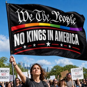 May include: A black rectangular flag featuring the white text "We The People" at the top, a horizontal rainbow stripe, and the white text "NO KINGS IN AMERICA" below it, accented by a row of white stars and two thin red horizontal lines.