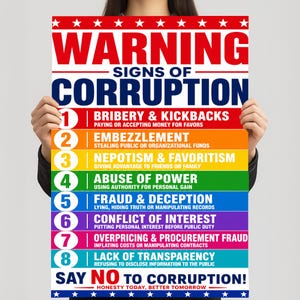 May include: A poster with the title "WARNING SIGNS OF CORRUPTION" in red and blue. The poster lists eight signs of corruption, including bribery, embezzlement, and abuse of power. The bottom of the poster reads "SAY NO TO CORRUPTION!"