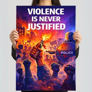 May include: Poster with the text "VIOLENCE IS NEVER JUSTIFIED" above a scene of protest. The artwork depicts a molotov cocktail, police shield, and raised fists against a backdrop of fire and a crowd of people.