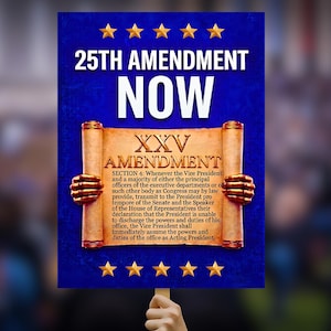 May include: A blue sign with the text "25TH AMENDMENT NOW" in white. Below, a scroll with "XXV AMENDMENT" and text from Section 4. Gold stars are at the top and bottom. The sign is held by a hand.