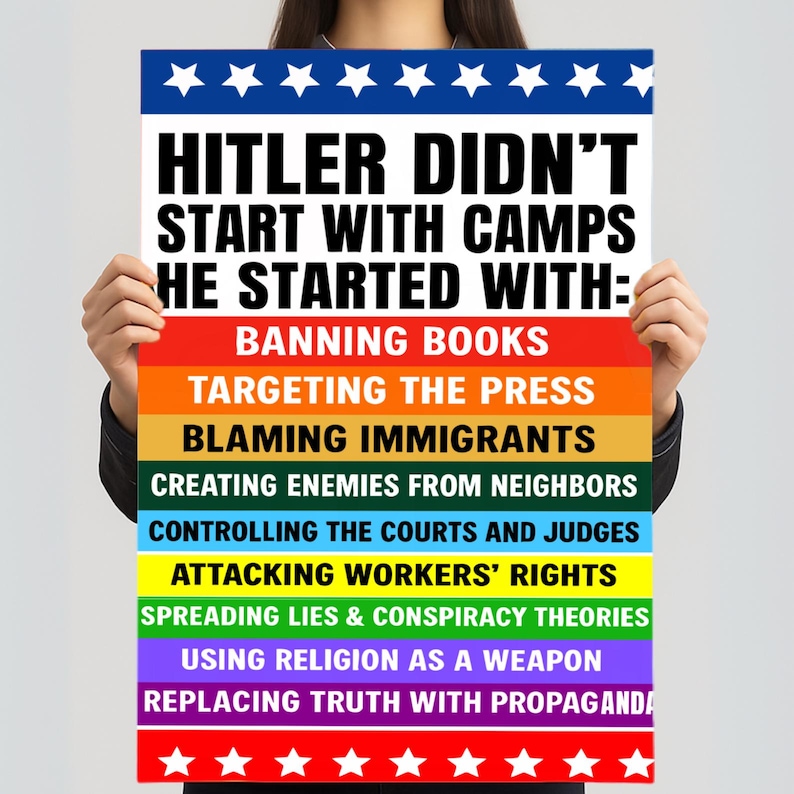 May include: A poster with the text "HITLER DIDN'T START WITH CAMPS HE STARTED WITH:" followed by a list of actions in rainbow-colored blocks. The poster has a blue border with white stars at the top and bottom.