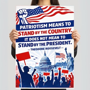 Może przedstawiać: Plakat o tematyce patriotycznej, przedstawiający amerykańską flagę i cytat Theodore'a Roosevelta: "Patriotyzm oznacza stanie po stronie kraju. Nie oznacza stania po stronie prezydenta." Obraz zawiera ilustracje Kapitolu i Statuy Wolności.