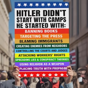 Puede incluir: Un cartel sostenido por una persona en una multitud. El texto dice: "HITLER DIDN'T START WITH CAMPS HE STARTED WITH:" seguido de una lista de acciones en bloques de colores del arco&iacute;ris. La parte superior es azul con estrellas blancas.