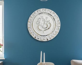 White Lippan Art Ganesha: Handmade Mud & Mirror Wall Decor