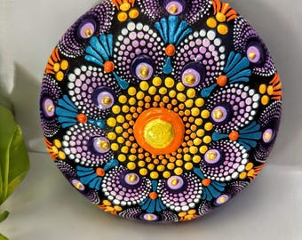Colorful Mandala Stone Art: Hand-Painted Dot Painting, Relaxation Decor