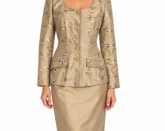 Noviello Bloom Vintage Two Piece Skirt Suit Lt. Green 100% Silk Embroidered SZ 6