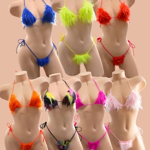 May include: Eight fluffy bikini sets in various colours, displayed on mannequin torsos. The sets feature triangle tops and string bottoms, with colours including blue, neon green, red, orange, black, pink, and light pink.