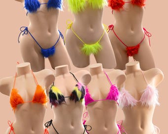 Bikini string en fausse fourrure couleur néon festival - vêtements de danse exotiques *** 7 couleurs ***