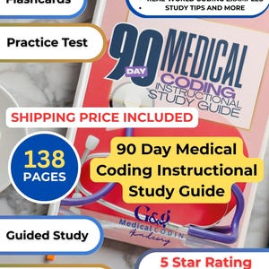 以下が含まれることがあります： 138ページの90日間の医療コーディング指導スタディガイド。表紙は赤色で、タイトルは白と紫です。毎週の学習目標や現実世界のコーディング例などの追加機能があります。この本は5つ星評価です。