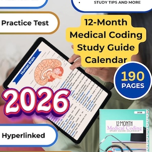 May include: A digital study guide for medical coding, featuring a 12-month calendar, flashcards, and practice tests. The guide includes real-world coding examples and study tips. The cover displays the text "12-Month Medical Coding Study Guide Calendar" and "2026".