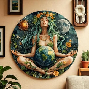 Gaia Earth Mother Wall Art – Circular Iron Hanging Decor, Flat Printed Sculpture for Home, Bar, Restaurant & Café Decoration