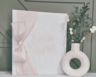 White Linen Monogrammed Photo Album, Personalized Keepsake, 3-Ring Binder Style