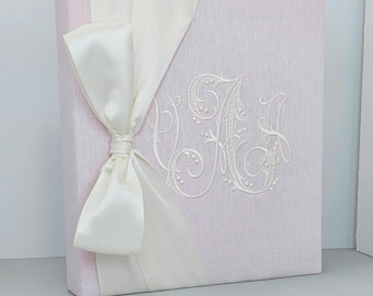 Pink Linen Baby Memory Book, Personalized Baby Book, Custom Monogrammed Keepsake, New Baby Gift