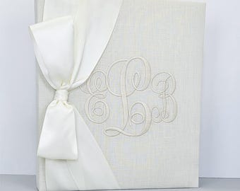 Ivory Linen Wedding Memory Book, Personalized Bride's Book, Custom Monogrammed Keepsake, Bridal Gift