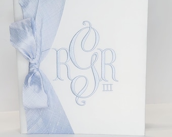 White Silk Baby Memory Book, Personalized Baby Book, Custom Monogrammed Keepsake, New Baby Gift
