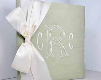 Green Silk Monogrammed Photo Album, Personalized Photo Album, Custom Fabric Album, Wedding Gift