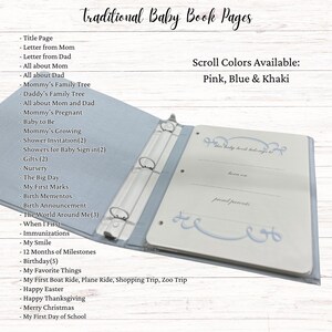 Pode incluir: Um livro de beb&eacute; azul com um anel de encaderna&ccedil;&atilde;o. A capa tem o texto "Traditional Baby Book Pages" e "Scroll Colors Available: Pink, Blue & Khaki". O livro est&aacute; aberto numa p&aacute;gina em branco com o texto "This baby book belongs to" e "born on" e "proud parents".