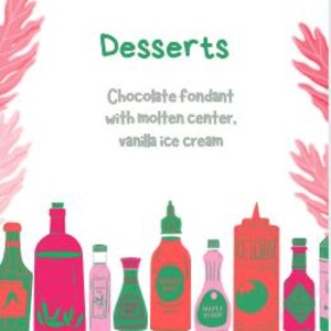 Peut inclure: Un design de menu fantaisiste avec un fond blanc, avec un titre "Menu" vert et des accents floraux roses. Le menu répertorie les entrées, les plats principaux et les desserts, avec des descriptions de plats. Le bas du menu présente des illustrations de bouteilles colorées.