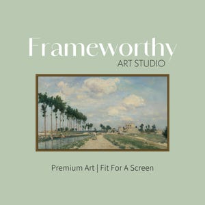 May include: A framed landscape painting with a brown border. The artwork depicts a road with trees, a body of water, and buildings under a cloudy sky. The text "Frameworthy ART STUDIO" and "Premium Art | Fit For A Screen" are also visible.