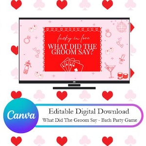Pode incluir: Download digital para um jogo de despedida de solteira. A imagem apresenta um ecrã de TV com o texto "lucky in love, WHAT DID THE GROOM SAY?" numa caixa vermelha. O fundo é branco com corações, losangos e espadas vermelhas.